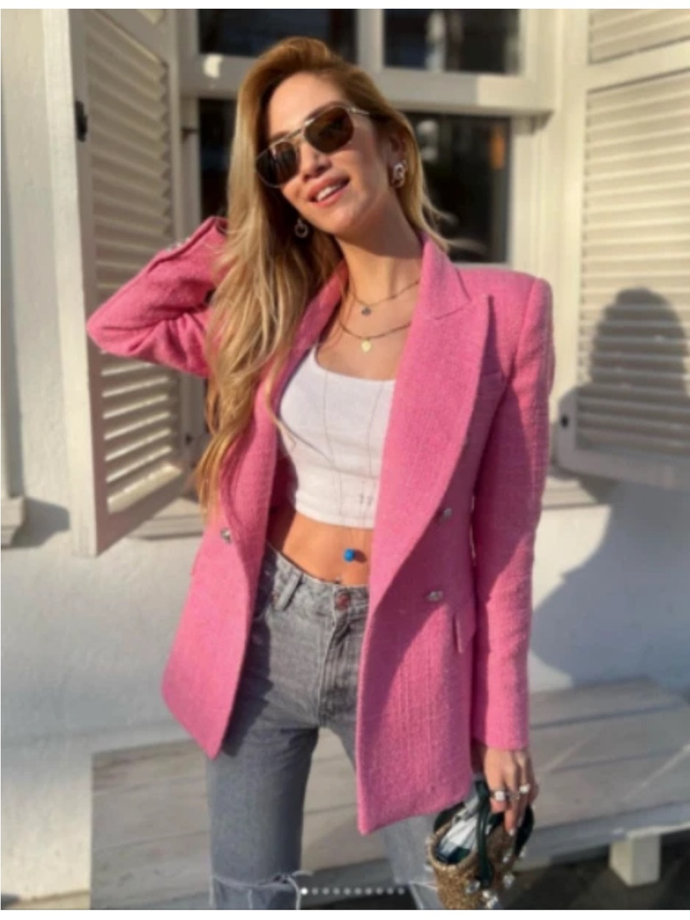 Zara Bubblegum Pink Double-Breasted Tweed Blazer - Picture 3 of 5